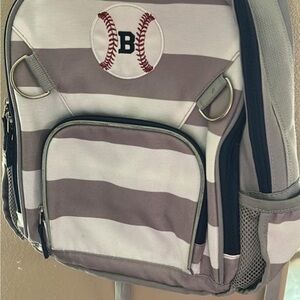 Pottery Barn Kids Gray and White Striped Backpack with Baseball Patch